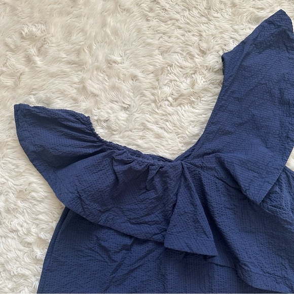 Cuyana Seersucker Flounce Top 100% Cotton Ruffle Asymmetrical Textured Blue Sz L - Picture 6 of 12
